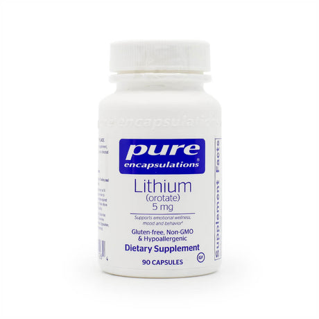 A white bottle of Pure Encapsulations "Lithium (orotate) 5 mg" dietary supplement containing 90 capsules. The label indicates it supports emotional wellness, mood, and behavior, and is gluten-free, non-GMO, and hypoallergenic.