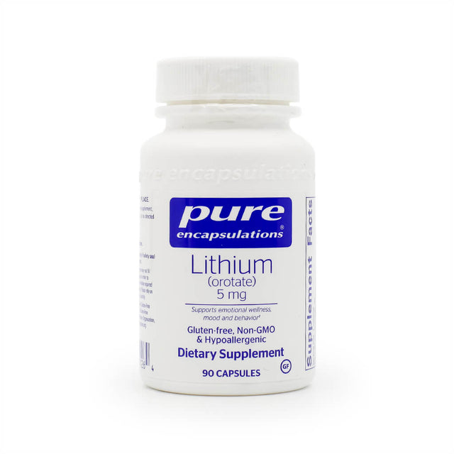 A white bottle of Pure Encapsulations "Lithium (orotate) 5 mg" dietary supplement containing 90 capsules. The label indicates it supports emotional wellness, mood, and behavior, and is gluten-free, non-GMO, and hypoallergenic.