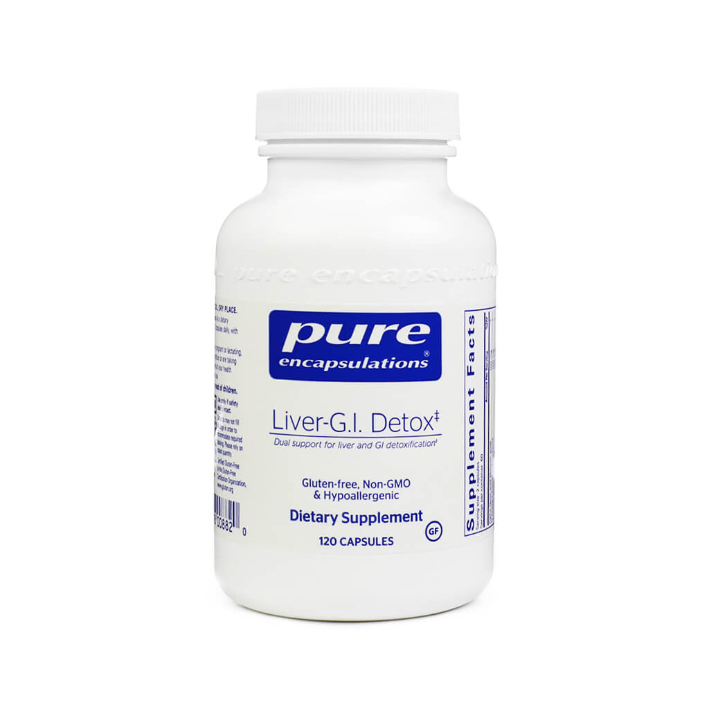 White bottle of Pure Encapsulations Liver-G.I. Detox dietary supplement containing 120 capsules. Promotes dual support for liver and gastrointestinal detoxification; gluten-free, non-GMO, and hypoallergenic.