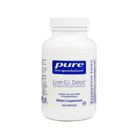 White bottle of Pure Encapsulations Liver-G.I. Detox dietary supplement containing 120 capsules. Promotes dual support for liver and gastrointestinal detoxification; gluten-free, non-GMO, and hypoallergenic.