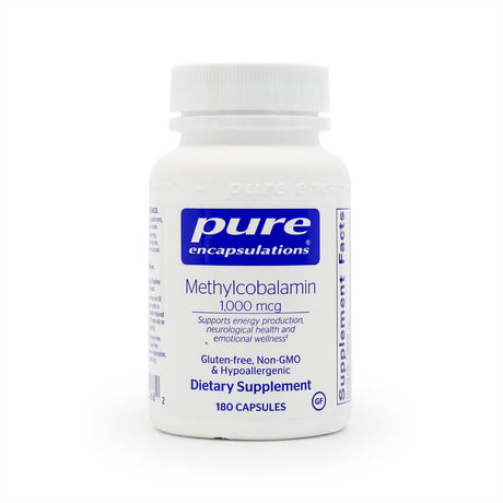 White bottle of Pure Encapsulations Methylcobalamin 1,000 mcg dietary supplement. Label states it supports energy production, neurological health, and emotional wellness; gluten-free, non-GMO, hypoallergenic with 180 capsules.