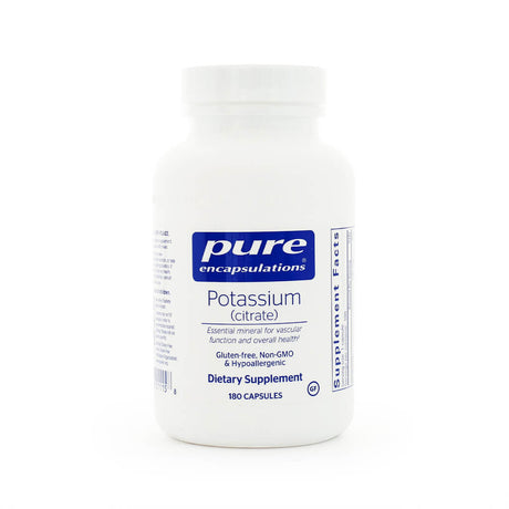 White bottle of Pure Encapsulations Potassium (citrate), a dietary supplement with 180 capsules. Labeled as an essential mineral for vascular function and overall health, it’s gluten-free, non-GMO, and hypoallergenic.