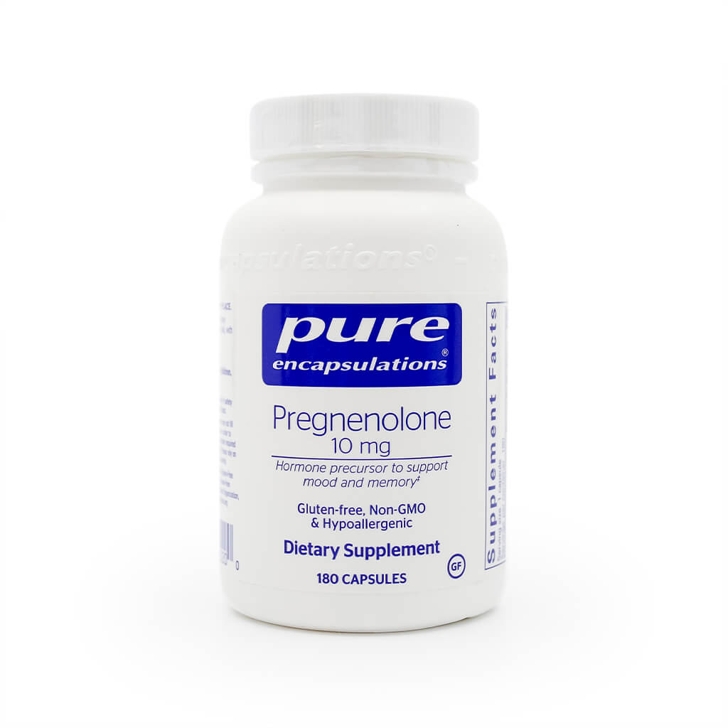 White bottle of Pure Encapsulations Pregnenolone 10 mg dietary supplement. Label highlights it as a hormone precursor to support mood and memory; gluten-free, non-GMO, and hypoallergenic with 180 capsules.