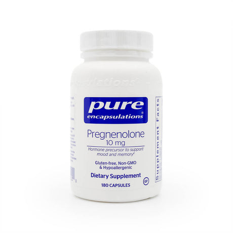 White bottle of Pure Encapsulations Pregnenolone 10 mg dietary supplement. Label highlights it as a hormone precursor to support mood and memory; gluten-free, non-GMO, and hypoallergenic with 180 capsules.