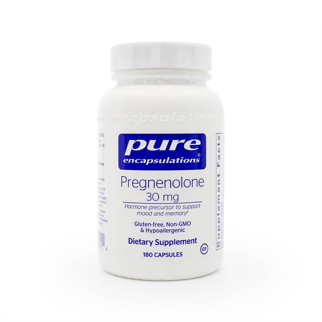 White bottle of Pure Encapsulations Pregnenolone 30 mg dietary supplement. The label describes it as a hormone precursor to support mood and memory, and notes it is gluten-free, non-GMO, hypoallergenic, with 180 capsules.