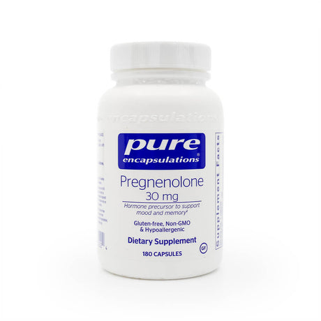 White bottle of Pure Encapsulations Pregnenolone 30 mg dietary supplement. The label describes it as a hormone precursor to support mood and memory, and notes it is gluten-free, non-GMO, hypoallergenic, with 180 capsules.