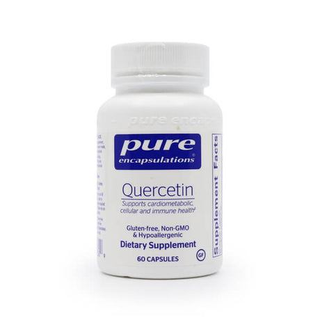 A white bottle of Pure Encapsulations "Quercetin" dietary supplement containing 60 capsules. The label states it supports cardiometabolic, cellular, and immune health, and is gluten-free, non-GMO, and hypoallergenic.
