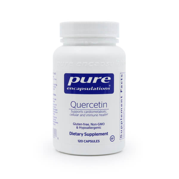 A white plastic bottle of Pure Encapsulations Quercetin capsules. The label is primarily white with blue text and features the brand name Pure Encapsulations in bold on a blue background. The product is a dietary supplement designed to support cardiometabolic, cellular, and immune health. It is labeled as gluten-free, non-GMO, and hypoallergenic. The bottle contains 120 capsules.