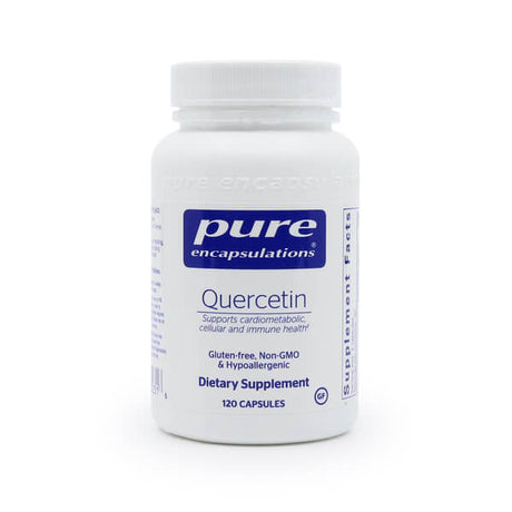 A white plastic bottle of Pure Encapsulations Quercetin capsules. The label is primarily white with blue text and features the brand name Pure Encapsulations in bold on a blue background. The product is a dietary supplement designed to support cardiometabolic, cellular, and immune health. It is labeled as gluten-free, non-GMO, and hypoallergenic. The bottle contains 120 capsules.