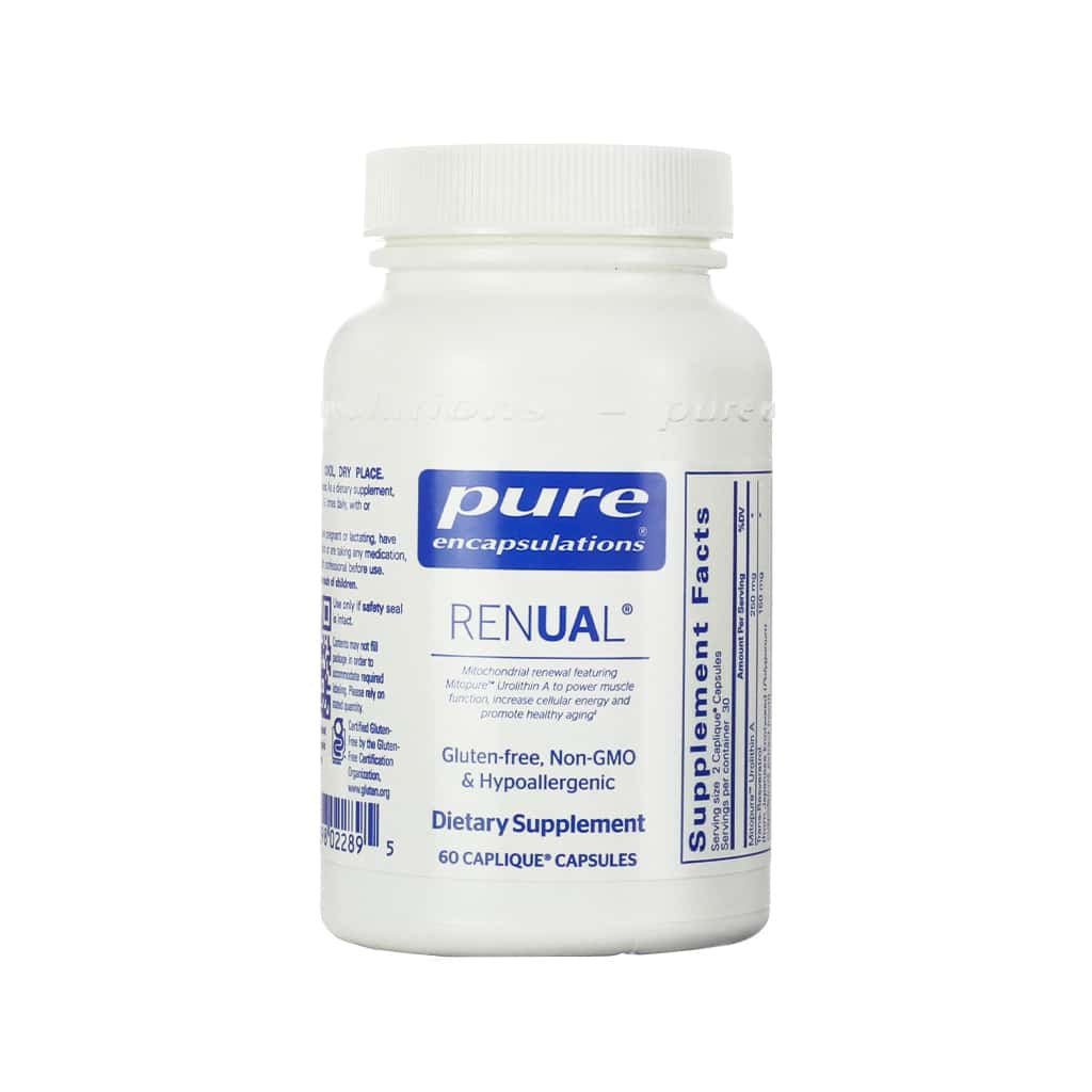 A white bottle of Pure Encapsulations "RENUAL" dietary supplement containing 60 Caplique® capsules. The label notes it supports mitochondrial renewal with MitoPure® Urolithin A to enhance muscle function, boost cellular energy, and promote healthy aging, and it is gluten-free, non-GMO, and hypoallergenic.