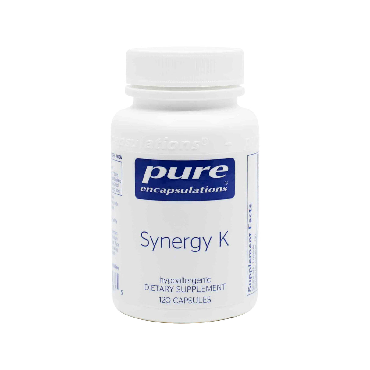A white bottle of Pure Encapsulations "Synergy K" dietary supplement containing 120 capsules. The label indicates it is hypoallergenic and formulated for nutritional support.