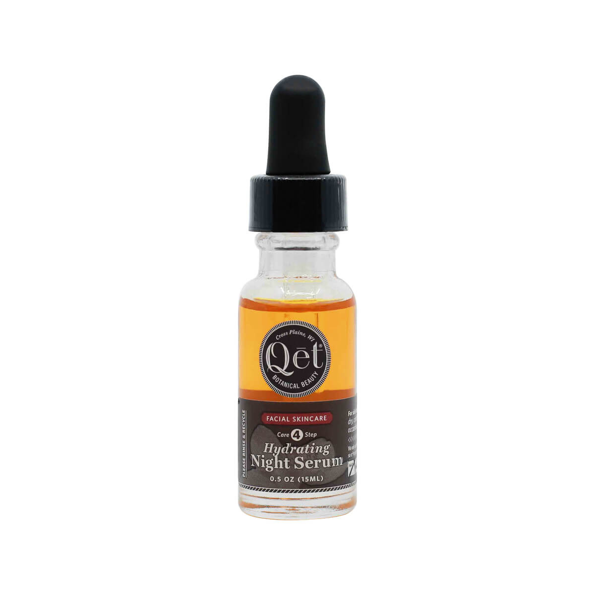 A 0.5 oz glass dropper bottle of Qēt Botanical Beauty Hydrating Night Serum with an amber-colored liquid and black label. The packaging highlights it as a core facial skincare step designed to deeply moisturize skin overnight.