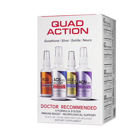 Angled front view of the Quad Action 4-Formula System with 4oz spray bottles, featuring ACG Glutathione, ACS 200 Silver, ACZ Nano Zeolite, and ACN Neuro for doctor-recommended detox and brain health.