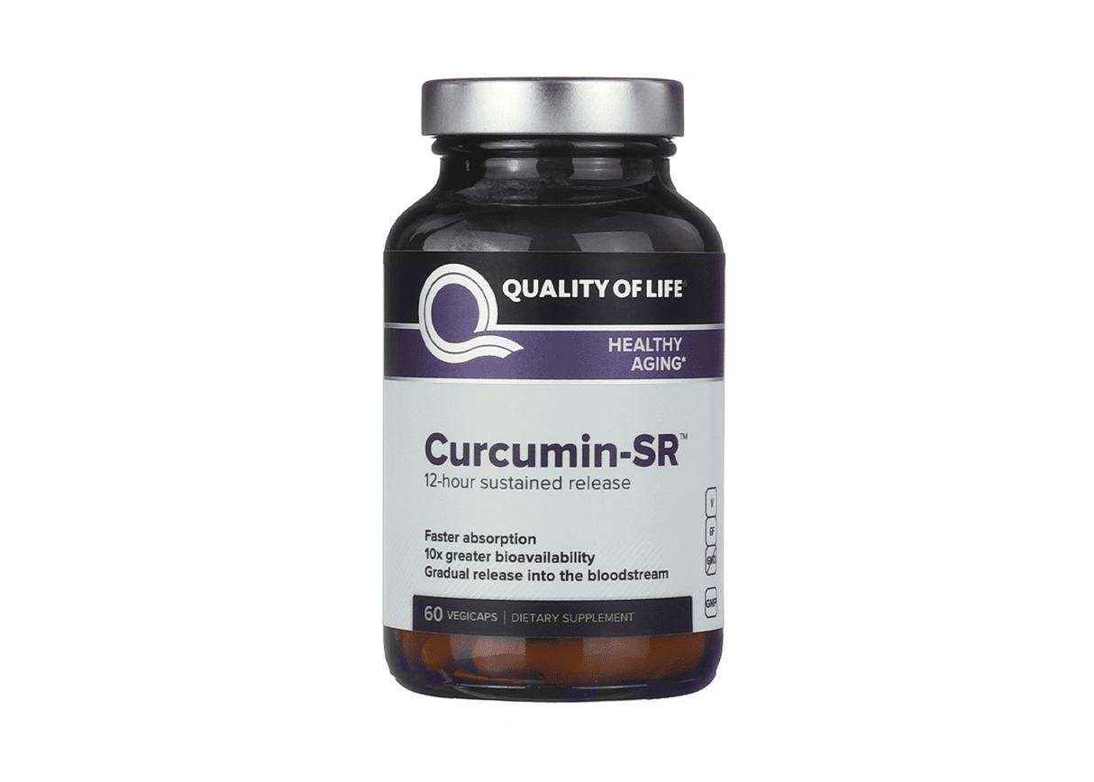 Dark amber bottle of Quality of Life Curcumin-SR, a dietary supplement designed for healthy aging. The label promotes 12-hour sustained release, faster absorption, 10x greater bioavailability, and gradual release into the bloodstream; contains 60 vegetable capsules.