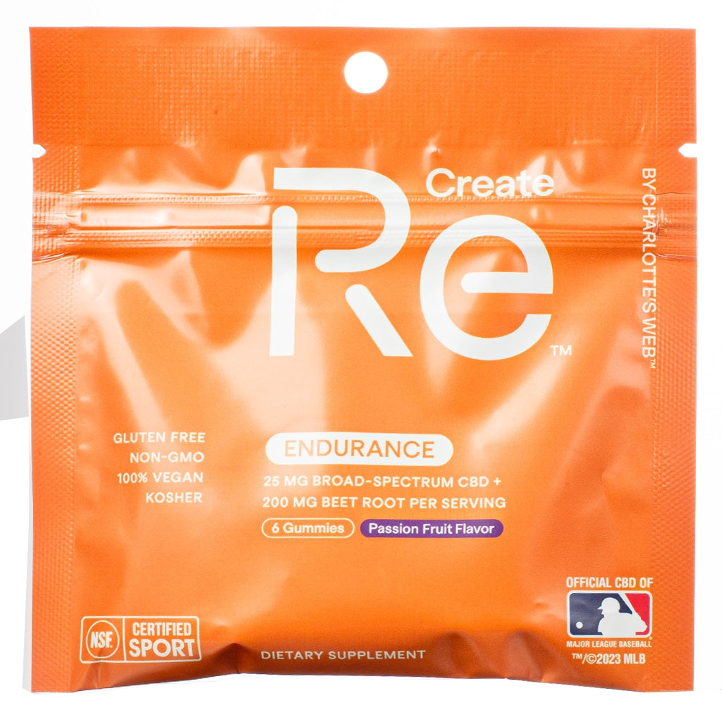 Orange pouch of ReCreate by Charlotte's Web "Endurance" gummies featuring 6 passion fruit flavored gummies with 25 mg broad-spectrum CBD and 200 mg beet root per serving. The packaging is labeled gluten-free, non-GMO, 100% vegan, kosher, and NSF Certified for Sport. Endorsed as the official CBD of Major League Baseball.