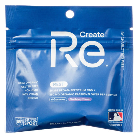 blue resealable pouch labeled "Create Re REST" from Charlotte's Web, containing 6 blueberry-flavored gummies with 25 mg CBD and 250 mg organic passionflower per serving. Highlights include USDA organic, gluten-free, vegan, kosher, and NSF Certified Sport labels, along with the MLB partnership badge.