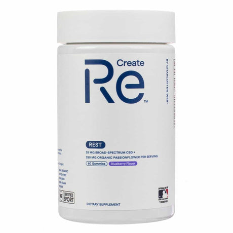 A white plastic jar labeled "Create Re REST" from Charlotte's Web, featuring 30 blueberry-flavored gummies with 25 mg CBD and 250 mg passionflower per serving. The container includes NSF Certified Sport and MLB official CBD product logos.