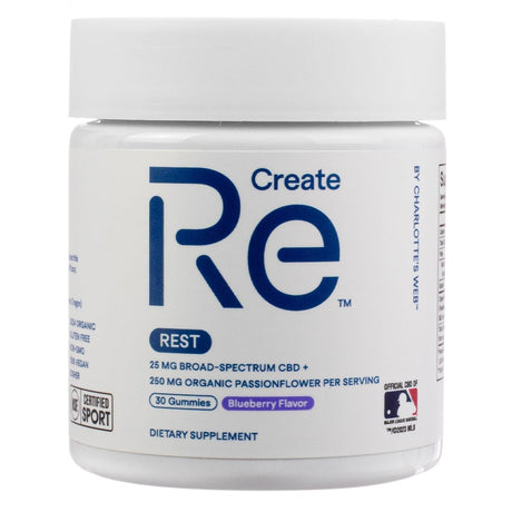 A white plastic container labeled "Create Re REST" from Charlotte's Web, featuring 60 blueberry-flavored gummies with 25 mg broad-spectrum CBD and 250 mg organic passionflower per serving. The bottle includes NSF Certified Sport and MLB logos, indicating quality and official partnership.