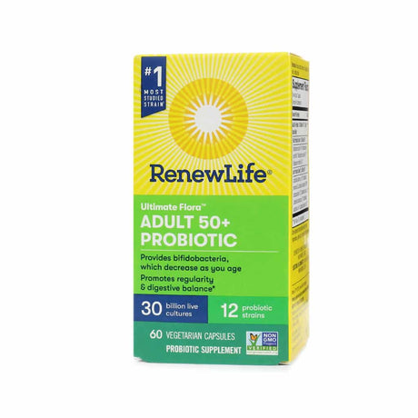Front of a Renew Life Ultimate Flora Adult 50+ Probiotic box. It contains 30 billion live cultures and 12 probiotic strains, designed to support digestive balance and regularity for aging adults. The product is non-GMO and comes in 60 vegetarian capsules.