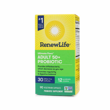 Front of a Renew Life Ultimate Flora Adult 50+ Probiotic box. It features 30 billion live cultures and 12 probiotic strains to support digestive health and regularity in aging adults. This non-GMO supplement contains 90 vegetarian capsules.