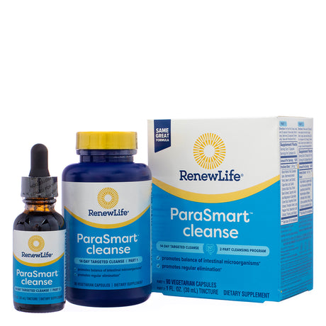 The front view of Renew Life ParaSmart 14 Day Cleanse, a two-part cleansing program, displayed with a blue box, a bottle of vegetarian capsules, and a tincture dropper bottle. The label highlights its role in promoting intestinal microorganism balance and regular elimination. It is marketed as a 14-day targeted cleanse.