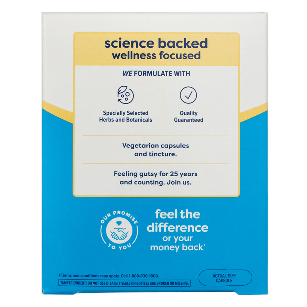 The side panel of Renew Life ParaSmart 14 Day Cleanse box, featuring key product highlights. It mentions that the formula includes specially selected herbs and botanicals, guarantees quality, and comes in vegetarian capsules and tincture form. The brand emphasizes 25 years of digestive wellness expertise.