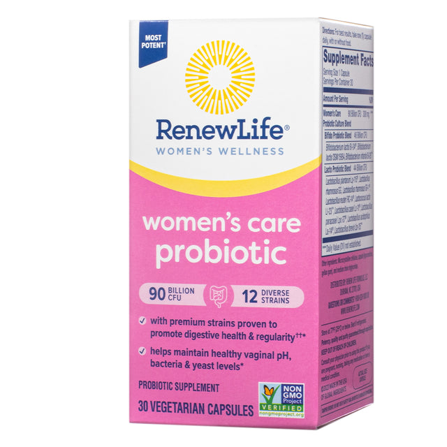 A box of Renew Life Women’s Care Probiotic, featuring 90 billion CFU and 12 diverse probiotic strains. The packaging highlights benefits such as promoting digestive health and regularity, as well as maintaining healthy vaginal pH, bacteria, and yeast levels. The product is labeled as a probiotic supplement with 30 vegetarian capsules and is Non-GMO Project Verified. The supplement facts panel is partially visible on the side of the box.