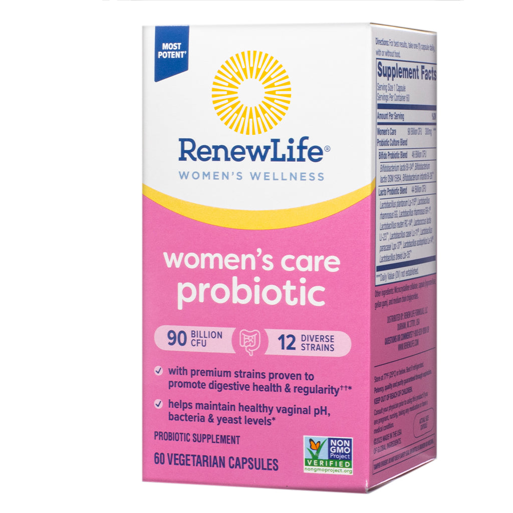Renew Life Women's Wellness Women's Care Probiotic, featuring 90 billion CFU and 12 diverse strains per serving. The pink and white box highlights benefits such as supporting digestive health, regularity, and maintaining healthy vaginal pH, bacteria, and yeast levels. The product is a probiotic supplement with 60 vegetarian capsules and is Non-GMO Project Verified.