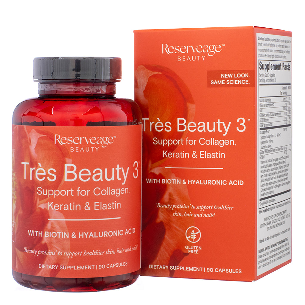 A Reserveage Nutrition Très Beauty 3, 90 Capsules bottle next to its matching orange packaging box. The label highlights support for collagen, keratin, and elastin, with added biotin and hyaluronic acid. The packaging emphasizes beauty proteins for stronger hair, firmer skin, and healthier nails.