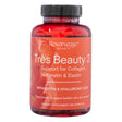 The front view of Reserveage Nutrition Très Beauty 3, 90 Capsules, in a red bottle with a black cap. The orange label features the Reserveage Beauty logo and states "Support for Collagen, Keratin & Elastin" with biotin and hyaluronic acid. The product is marketed as a beauty supplement for healthier hair, skin, and nails.