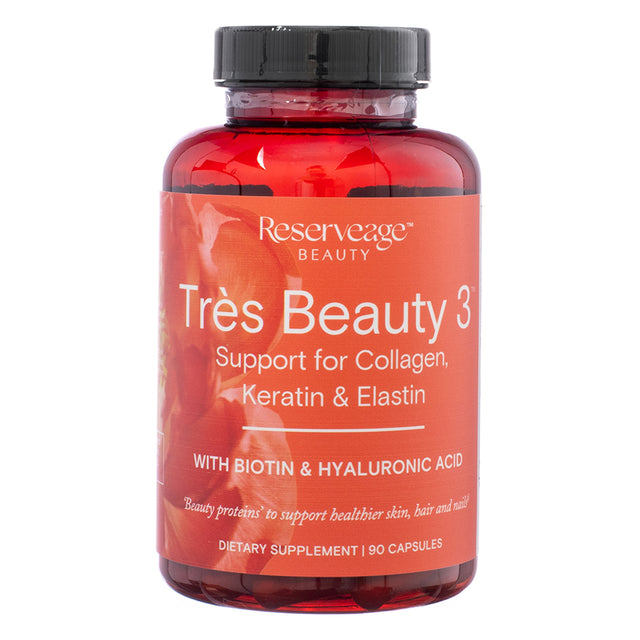 The front view of Reserveage Nutrition Très Beauty 3, 90 Capsules, in a red bottle with a black cap. The orange label features the Reserveage Beauty logo and states "Support for Collagen, Keratin & Elastin" with biotin and hyaluronic acid. The product is marketed as a beauty supplement for healthier hair, skin, and nails.