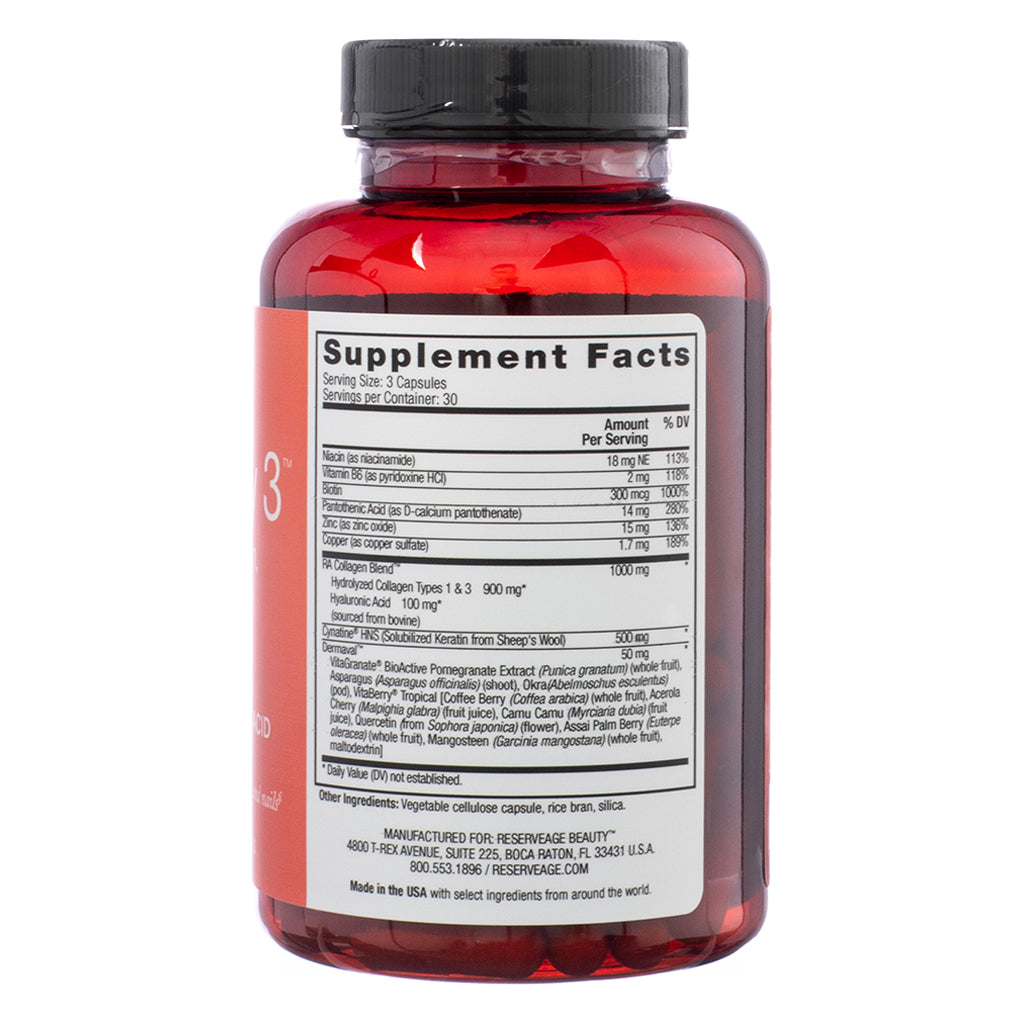 The supplement facts panel of Reserveage Nutrition Très Beauty 3, 90 Capsules, listing key vitamins, minerals, and protein blends. It details ingredients like hydrolyzed collagen, keratin from sheep’s wool, and a bioactive pomegranate extract blend. The label also includes serving size, dosage recommendations, and additional botanical extracts.
