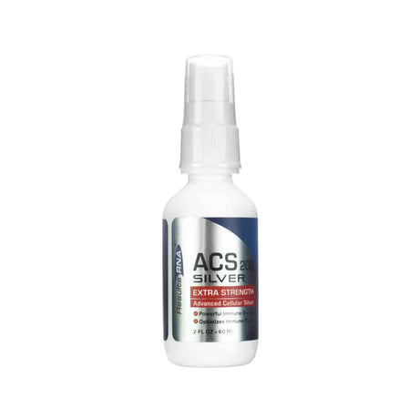 White plastic spray bottle of Results RNA ACS 200 Silver Extra Strength, labeled as "Advanced Cellular Silver" with claims of being a "Powerful Immune Booster" and helping to "Optimize Immune Function." The bottle contains 2 fluid ounces (60 mL).