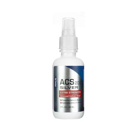 White 4 fl oz spray bottle of Results RNA ACS 200 Silver Extra Strength, labeled as an advanced cellular silver supplement. The silver and red label emphasizes benefits such as powerful immune boosting and optimized immune function.