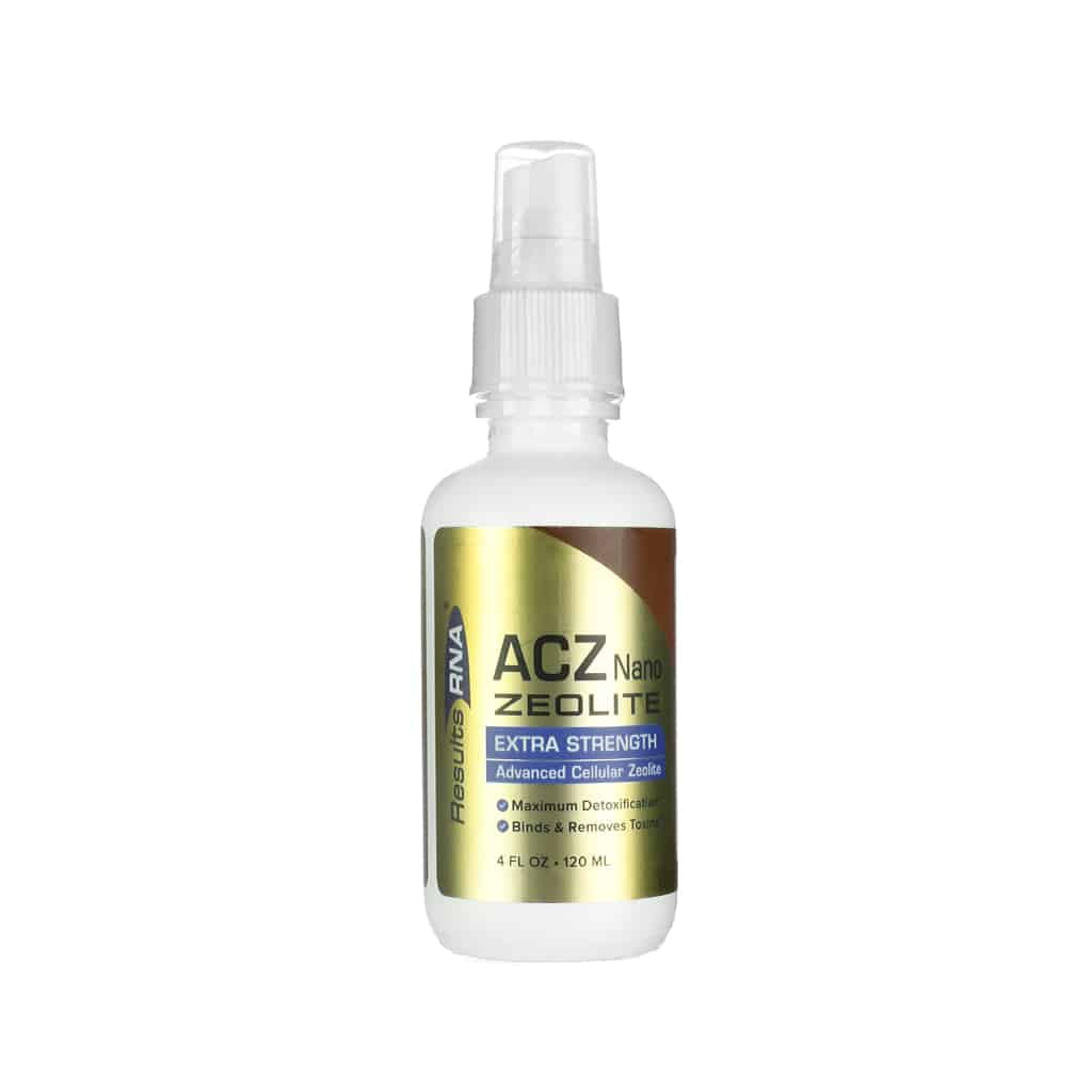 White 4 fl oz spray bottle of Results RNA ACZ Nano Zeolite Extra Strength, labeled as an advanced cellular zeolite detox supplement. The gold and blue label highlights benefits like maximum detoxification and toxin removal support.