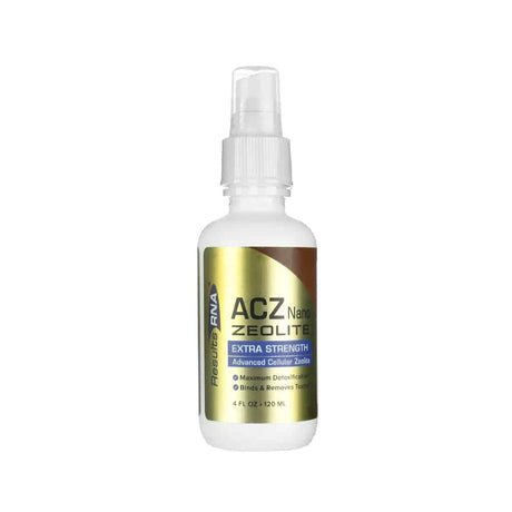 White 4 fl oz spray bottle of Results RNA ACZ Nano Zeolite Extra Strength, labeled as an advanced cellular zeolite detox supplement. The gold and blue label highlights benefits like maximum detoxification and toxin removal support.