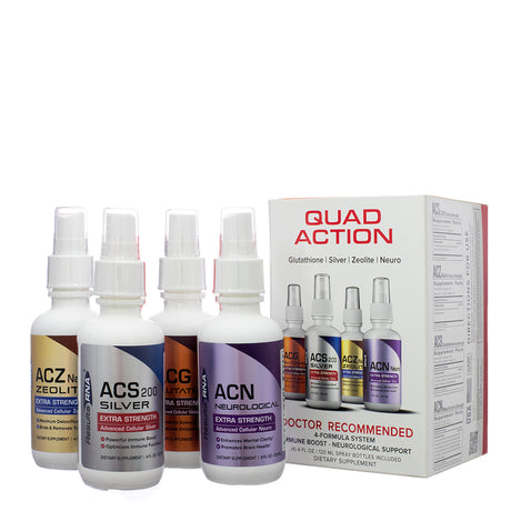 The Results RNA Ultimate Immune Support System Extra Strength 4 Ounce System displayed with its packaging and four included spray bottles. Each bottle is labeled for immune support, detoxification, antioxidant benefits, and neurological support.