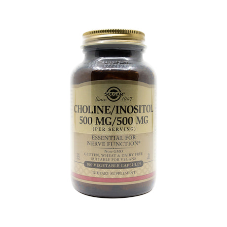 Amber bottle of Solgar Choline/Inositol dietary supplement, providing 500 mg of each nutrient per serving. The label notes it's essential for nerve function, non-GMO, gluten-, wheat-, and dairy-free, vegan-friendly, and contains 100 vegetable capsules.