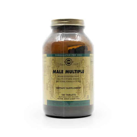 Solgar Male Multiple dietary supplement in a brown glass bottle with a gold screw-on cap. The beige and green label indicates that it is an advanced phytonutrient, multivitamin, mineral, and herbal formula designed for men. It is labeled as gluten-free, wheat-free, dairy-free, and suitable for vegans. The bottle contains 180 tablets.