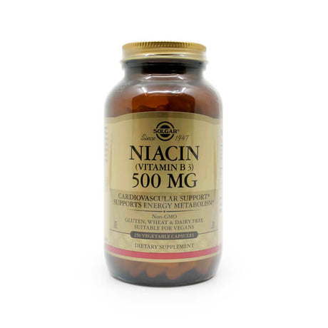 A larger brown glass bottle of Solgar Niacin (Vitamin B3) 500 mg with the same labeling benefits as the smaller version, but this one contains 250 vegetable capsules. The label emphasizes support for energy metabolism and cardiovascular health.