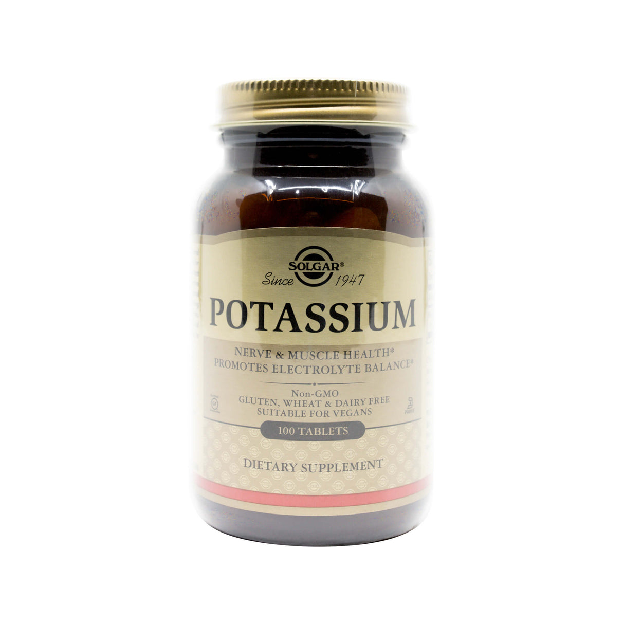 A brown glass bottle of Solgar Potassium dietary supplement. The label notes benefits for nerve and muscle health, electrolyte balance, and highlights that it is non-GMO, gluten, wheat, and dairy free, and suitable for vegans with 100 tablets per bottle.