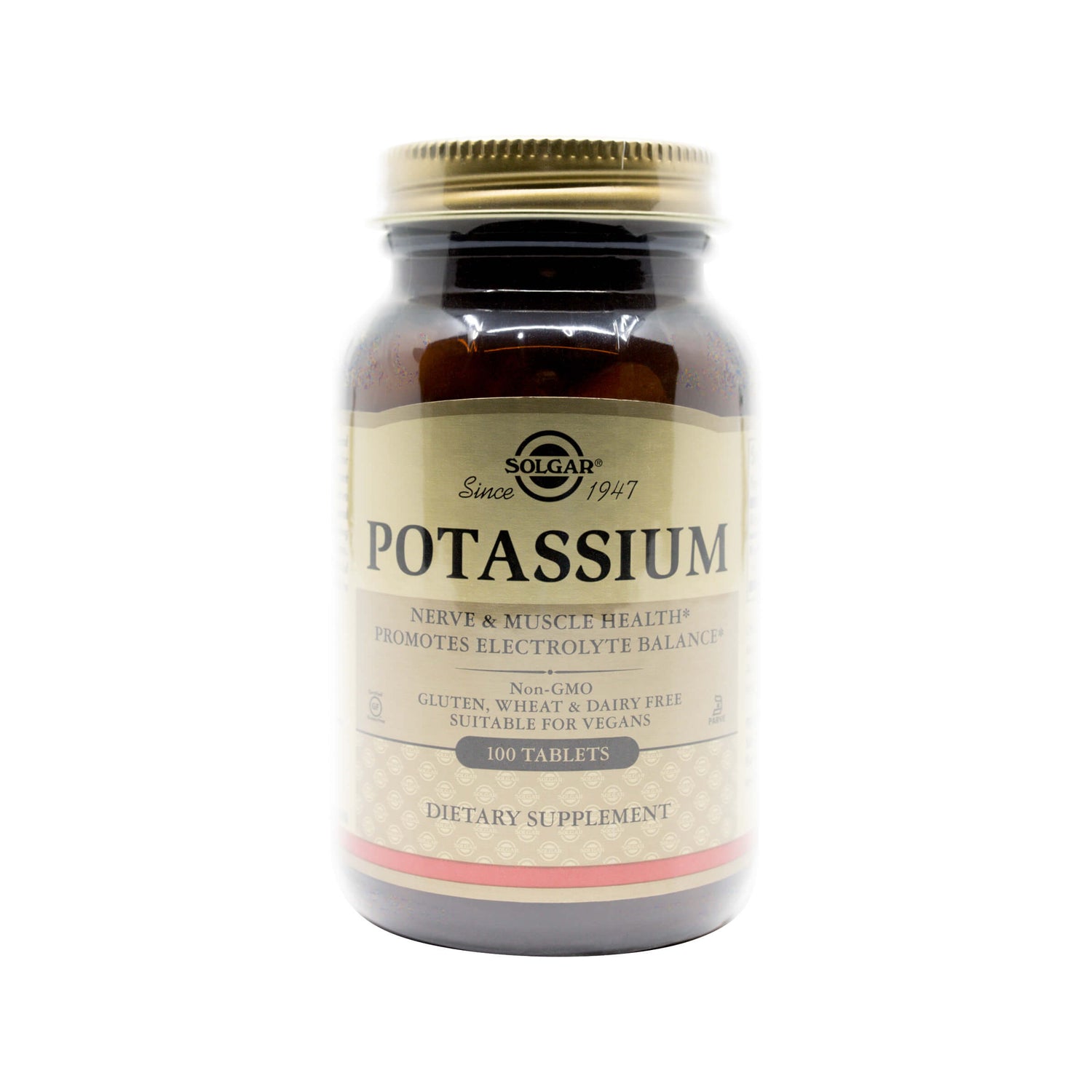 A brown glass bottle of Solgar Potassium dietary supplement. The label notes benefits for nerve and muscle health, electrolyte balance, and highlights that it is non-GMO, gluten, wheat, and dairy free, and suitable for vegans with 100 tablets per bottle.