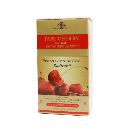 Box of Solgar Tart Cherry Extract dietary supplement, with 1000 mg equivalent per serving. The packaging states it "Protects Against Free Radicals," is non-GMO, gluten-, wheat-, and dairy-free, vegan-friendly, and contains 90 vegetable capsules.