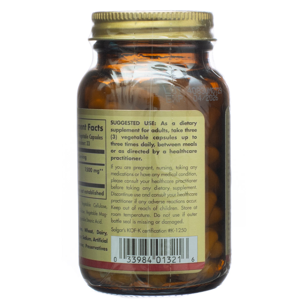 The back label of Solgar L-Glutamine 500mg 100 Capsules, displaying the suggested use instructions, cautionary statements, and storage recommendations. The label advises taking three vegetable capsules up to three times daily between meals and includes a barcode.
