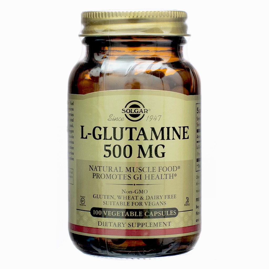 The front of the Solgar L-Glutamine 500mg 100 Capsules bottle, featuring a brown glass container with a gold screw-on cap. The label emphasizes its natural muscle food benefits and GI health support, and mentions that it is non-GMO, gluten-free, and suitable for vegans.