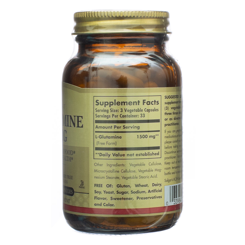 The Supplement Facts panel of Solgar L-Glutamine 500mg 100 Capsules, highlighting 1500mg of L-Glutamine per serving (three vegetable capsules). The label also lists additional ingredients and states that the product is free from gluten, wheat, dairy, soy, yeast, sugar, sodium, artificial flavors, sweeteners, preservatives, and color.