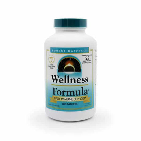 Source Naturals Wellness Formula in a white plastic bottle with a teal cap. The label features a blue gradient design and highlights "Daily Immune Support" with a blend of 25 vitamins, minerals, and herbs. A central image shows a rising sun over a horizon, symbolizing wellness. The bottle contains 180 tablets.