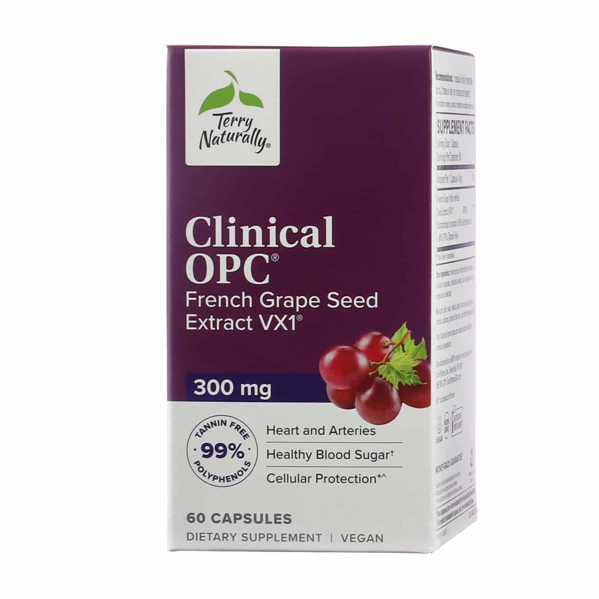 Box of Terry Naturally Clinical OPC French Grape Seed Extract VX1 dietary supplement, featuring 300 mg per serving and 60 vegan capsules. The purple and white packaging highlights benefits like heart and artery support, healthy blood sugar, and cellular protection, with a graphic of red grapes.