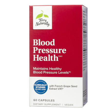 A red and white box labeled "Terry Naturally Blood Pressure Health," featuring clinically studied French grape seed extract VX1. Contains 60 vegan capsules to help maintain healthy blood pressure levels.