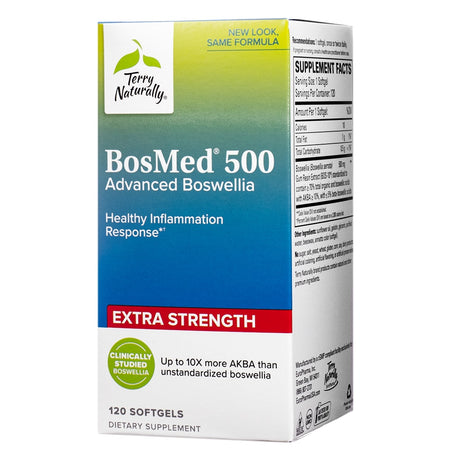 The front view of the Terry Naturally BosMed Respiratory Support Softgels 120 Softgels box, featuring a blue-to-green gradient design with branding, product benefits, and a clinically studied boswellia seal.